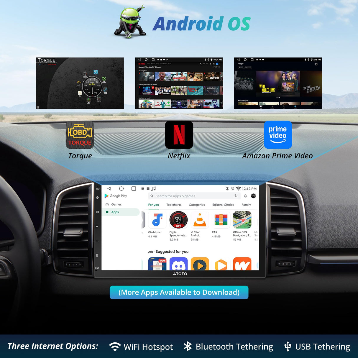 ATOTO A5LG2B7T Autoradio 2 DIN 7" avec Caméra de Recul - Android Auto & CarPlay Sans Fil, GPS, WiFi/Bluetooth, 2Go+32Go, FM/RDS