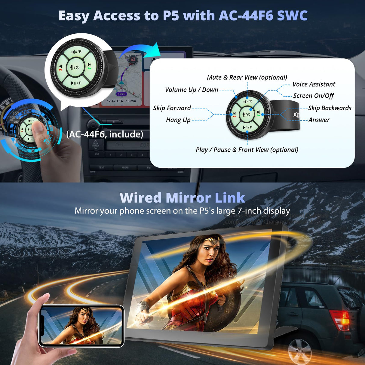 Portable Carplay Android Auto Screen Backup with Camera SWC,Sat Navs for Car, Wireless Car Stereo Receiver, P5 Gps Navigation, ATOTOEXCEL 7“ QLED Glare-Suppress BT Radio Mirrorlink(7in Camera+SWC)