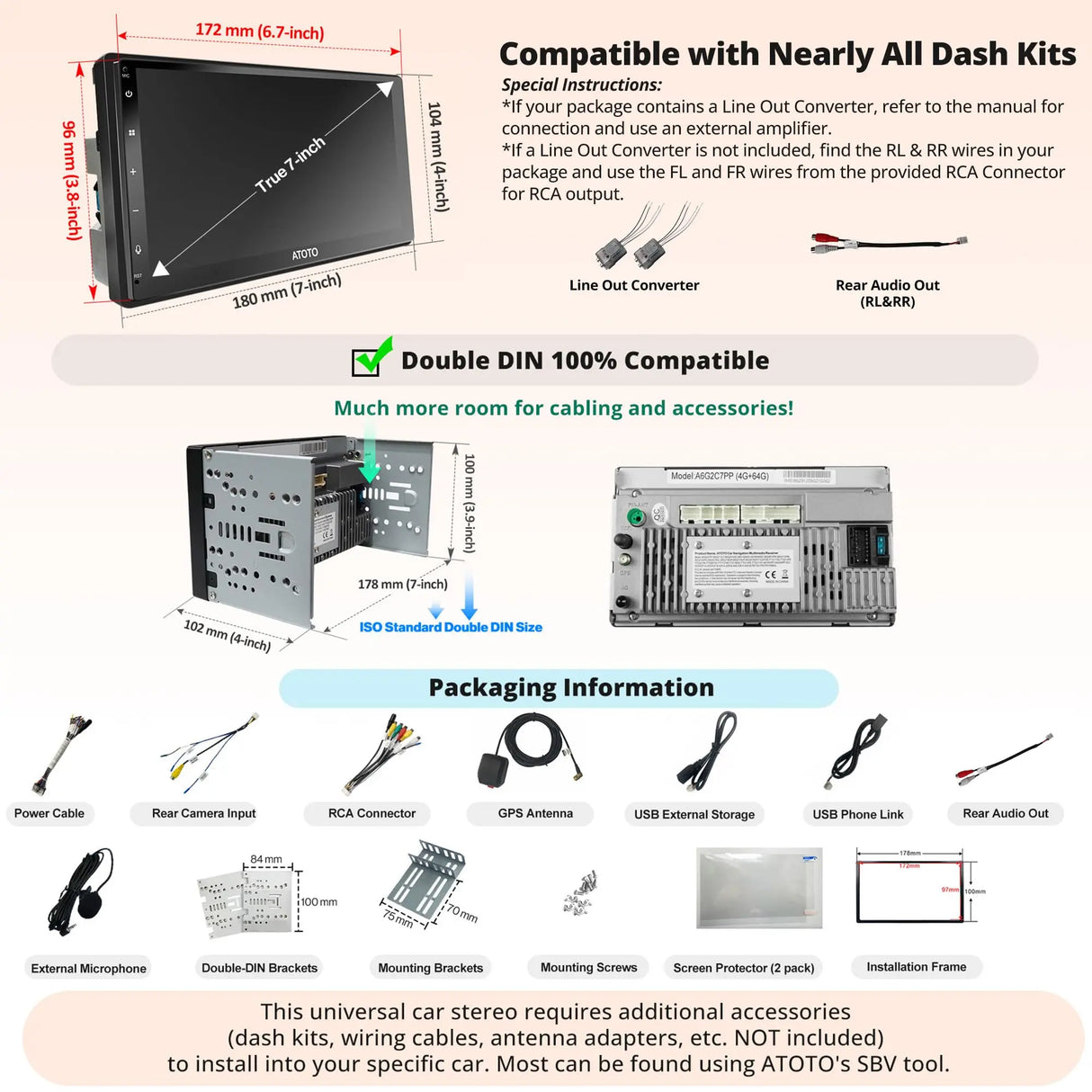ATOTO A6G2C7PP 7" Double Din Android Car Stereo, Touchscreen, Wireless CarPlay & Wireless Android Auto, Dual Bluetooth, MirrorLink, GPS Tracking, WiFi/BT/USB Tethering, 4G+64G