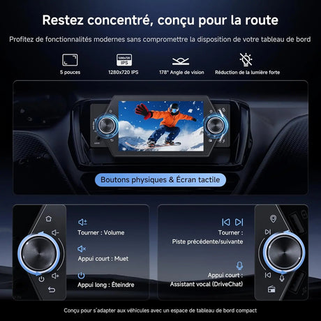 ATOTO A5LG1A5T 5" Touchscreen 1 Din Autoradio Android avec Caméra de Recul, CarPlay & Android Auto Sans Fil, Tethering WiFi/BT/USB, MirrorLink, RDS/FM/GPS, Contrôle Vocal, 2G+32G