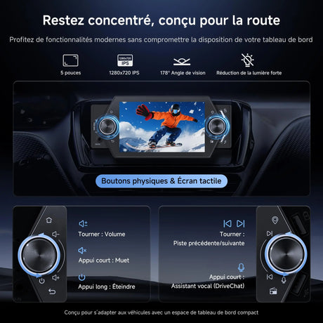 ATOTO A5LG1A5T 5" Autoradio Bluetooth Android 1 DIN avec CarPlay & Android Auto sans fil, écran tactile, Wi-Fi, USB, FM/AM/RDS, MirrorLink, commande vocale, LRV & GPS