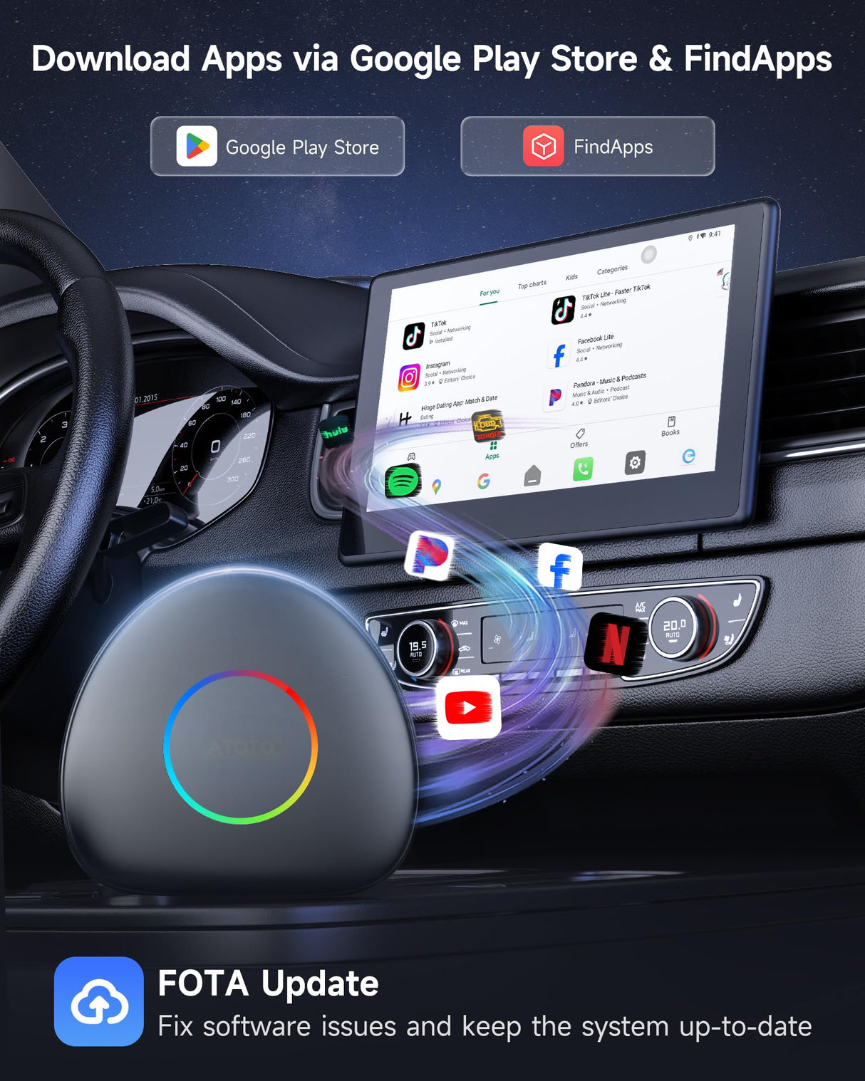 ATOTO CarWave CB6C Wireless CarPlay Adapter Android AI Box, 4G LTE Car Video Streaming Box for iPhone & Android Auto, Plug & Play, ChatGPT, YouTube, Netflix, TikTok, 4G+64G