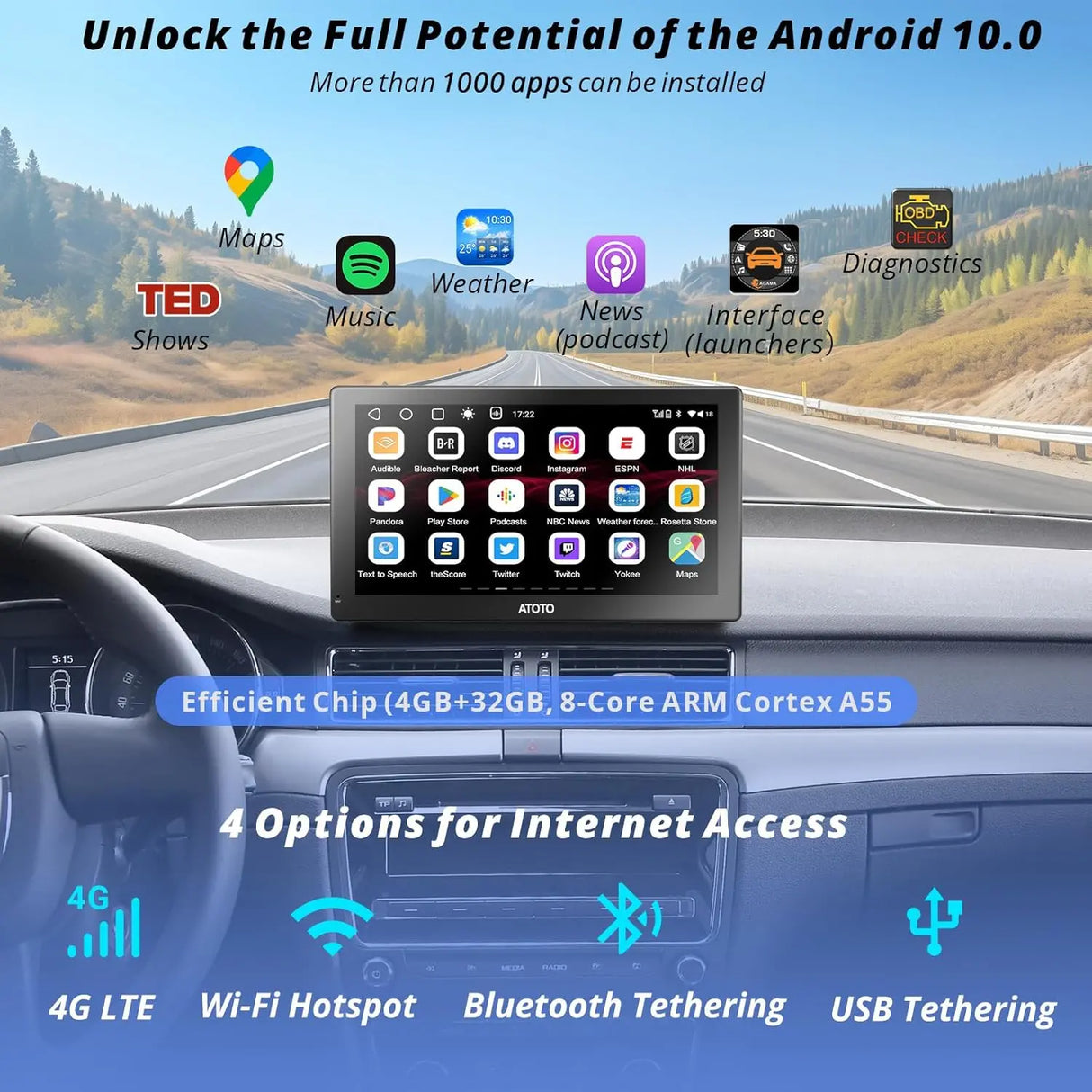 ATOTO 9" Sat Nav, QLED Touchscreen, Wireless CarPlay & Android Auto, 4+32G, 4G LTE, GPS Navigation, WiFi, Dual Bluetooth, Auto-Dimmer, Steering Wheel Control, AUX, USB & Microphone