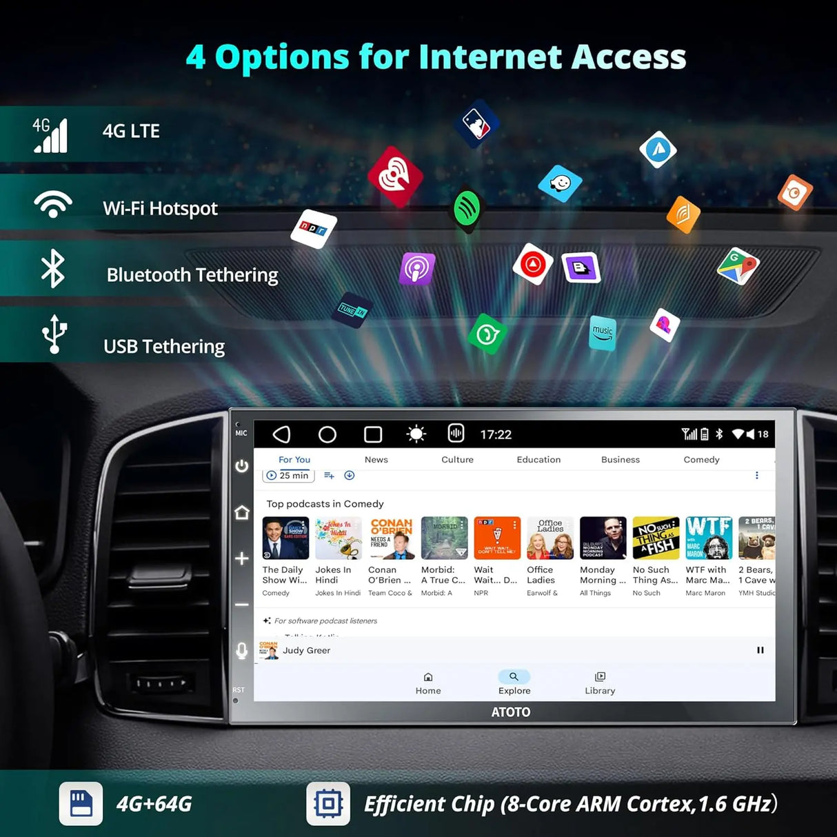 ATOTO A6G2B7PL 7" Double Din Car Stereo, QLED Display, 8-Core Android, 4G LTE WiFi, Wireless CarPlay & Android Auto, Dual Bluetooth, MirrorLink, DSP, HDMI Output, FM Radio, In-Dash Navigation, 4G+64G