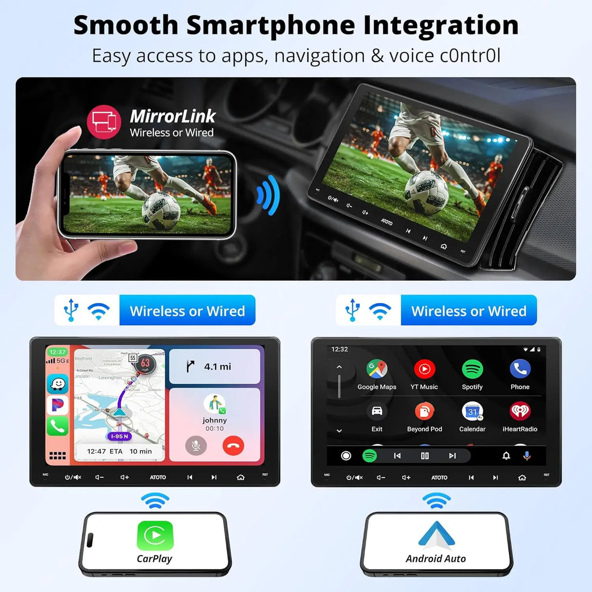 ATOTO A6G2A7PF 7" Android Double-DIN Car Stereo, Dash & Rear Camera, Wireless Apple CarPlay & Android Auto, GPS Tracking, WiFi/BT/USB Tethering, 2G+32G