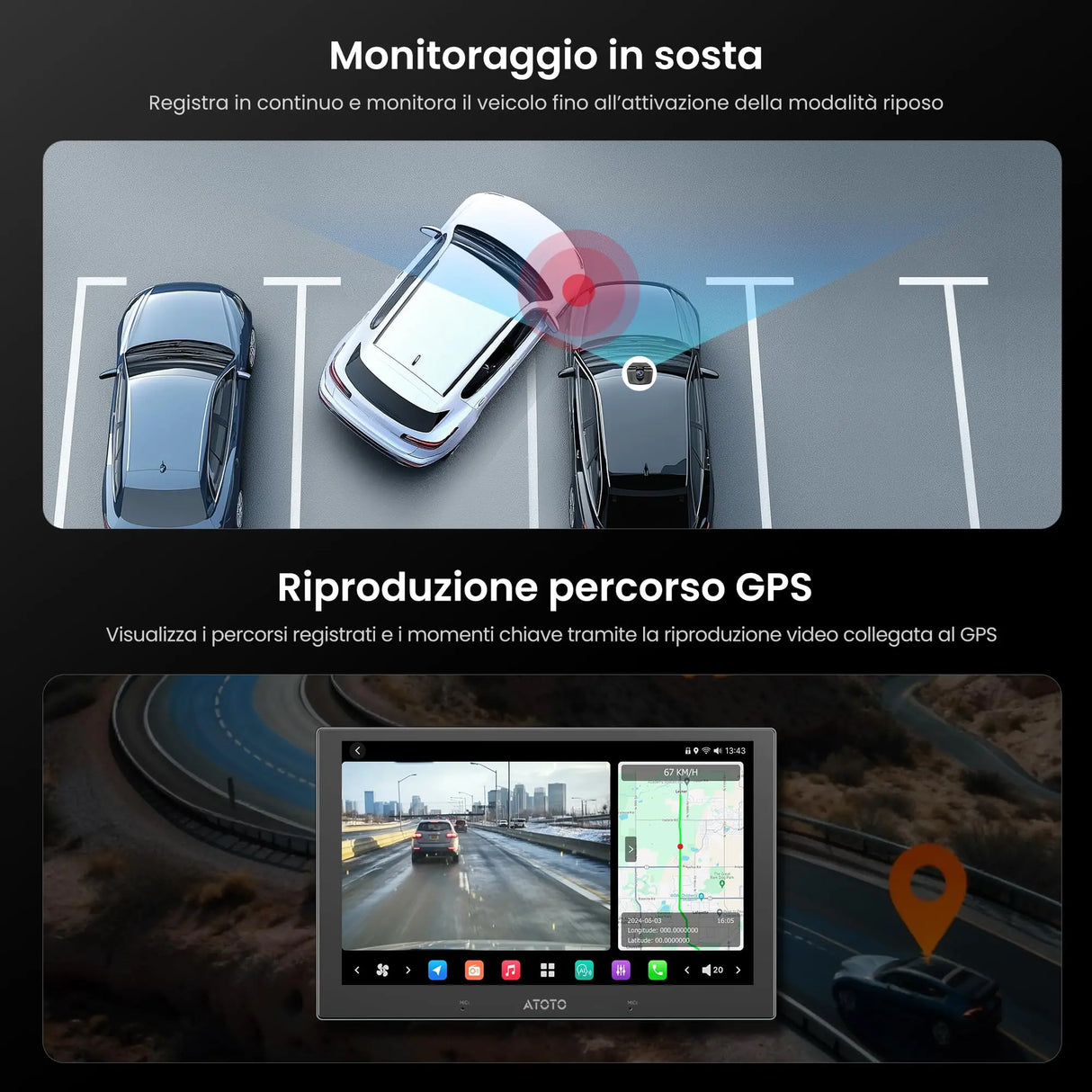 ATOTO AC-HN9FR Dashcam Anteriore AHD 1080p per Auto – Grandangolo 136°, Visione Notturna Starlight, WDR, G-Sensore, Modo Parcheggio, GPS – Compatibile solo con Serie V10
