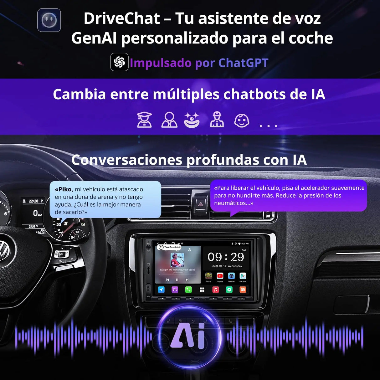 ATOTO A5LVWA7T Radio Coche 2 DIN 7" con Navegación, Compatible con VW Golf/Polo/Tiguan, CarPlay y Android Auto Inalámbrico, MirrorLink, WiFi/BT/USB, DSP EQ de 24 Bandas, FM/AUX/TF, 2G+32G