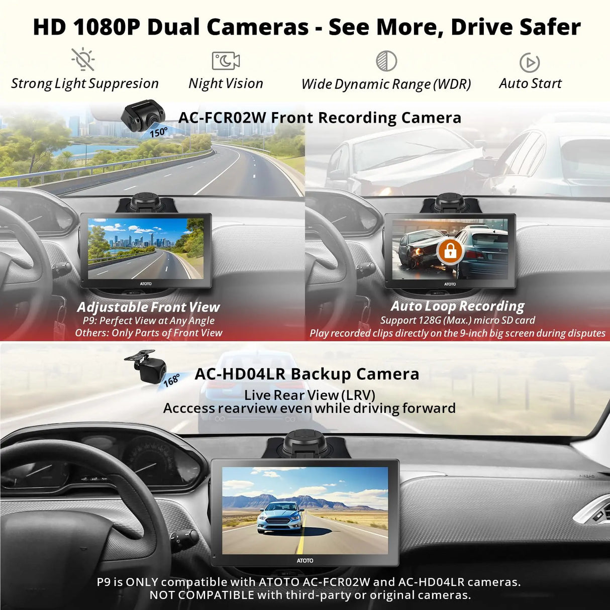ATOTO 9" GPS Navigation, Dashcam, Backup Camera, Wireless CarPlay and Android Auto, 4G+32G, Dual Bluetooth, WiFi, Android System, In-Dash GPS Navigation