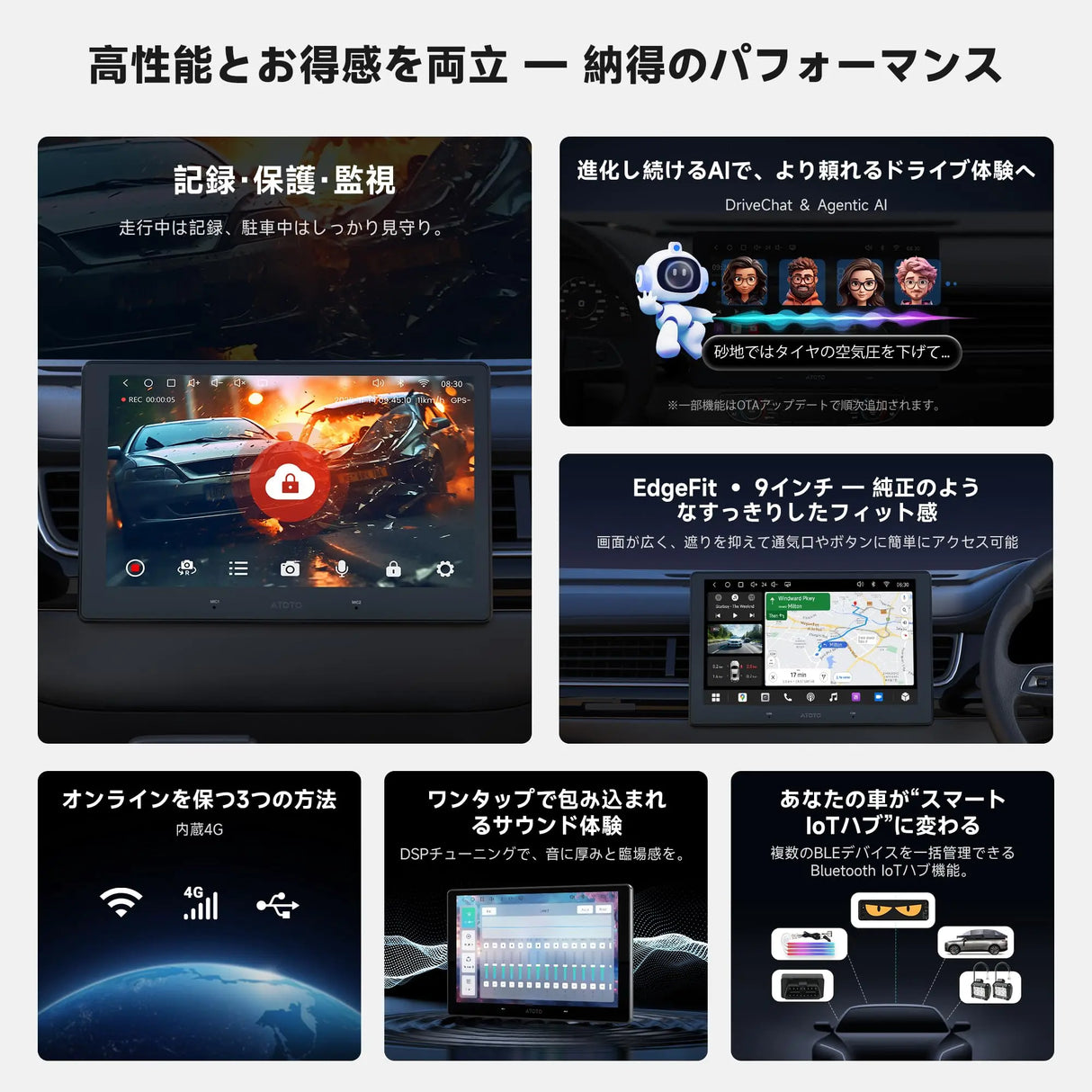ATOTO S84G209P-S01 9インチ QLED Androidナビ HDバックカメラ、ワイヤレス CarPlay & Android Auto、4G LTE内蔵、ChatGPT 5.2 先進AI音声、駐車監視、高音質DSP・4V RCA出力、SCVC、2DIN