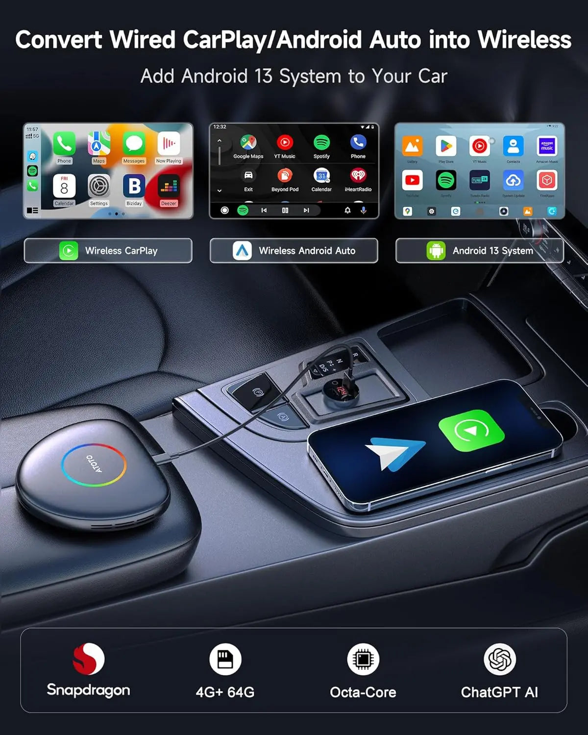 ATOTO CB6C Kabelloser CarPlay-Adapter Android 13 KI-Box, 4G LTE, 4 GB + 64 GB, TrackHU GPS &amp; DriveChat KI, Dualband-WLAN, BT 5.0, Plug &amp; Play-Smart-Box 