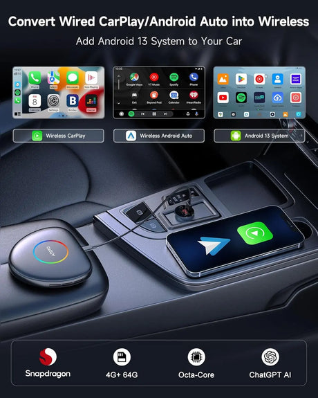 ATOTO CB6C Kabelloser CarPlay-Adapter Android 13 KI-Box, 4G LTE, 4 GB + 64 GB, TrackHU GPS &amp; DriveChat KI, Dualband-WLAN, BT 5.0, Plug &amp; Play-Smart-Box 