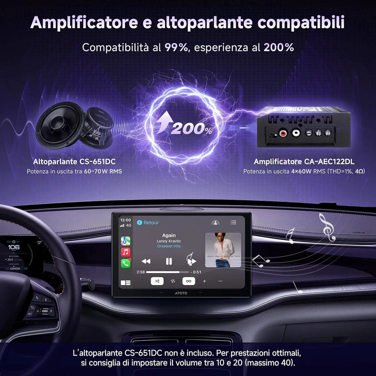 ATOTO CA-AEC122DL Amplificatore Auto 4x60W RMS, 4 Canali, Classe D TI TPA3221, EQ Personalizzabile, Compatto, Cavo Alimentazione 2m, Compatibile con Stereo ATOTO