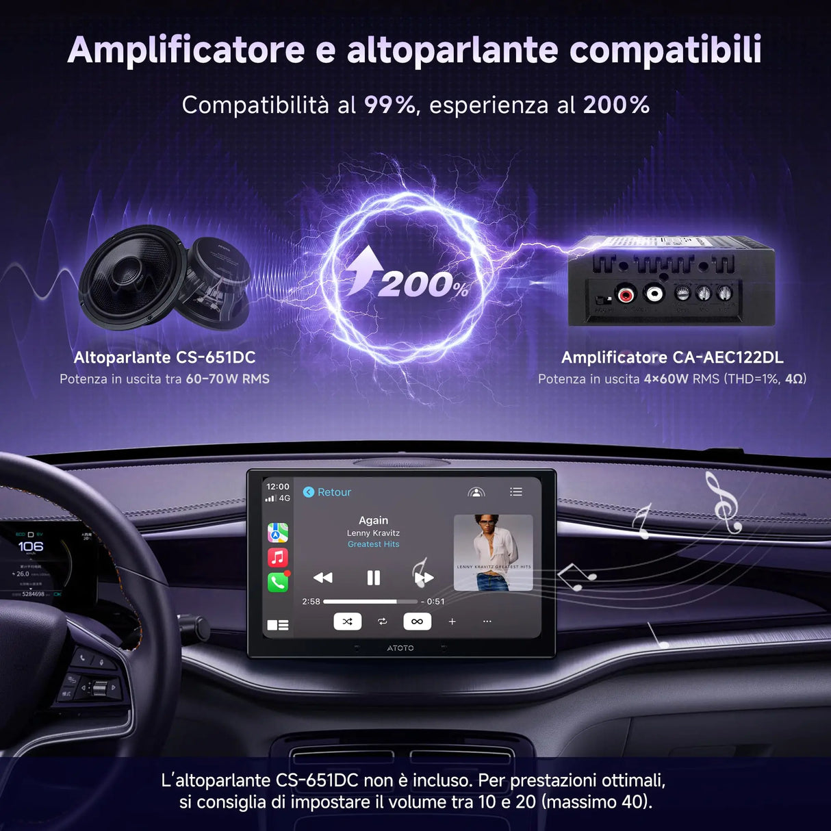 ATOTO CA-AEC122DL Amplificatore Auto 4x60W RMS, 4 Canali, Classe D TI TPA3221, EQ Personalizzabile, Compatto, Cavo Alimentazione 2m, Compatibile con Stereo ATOTO