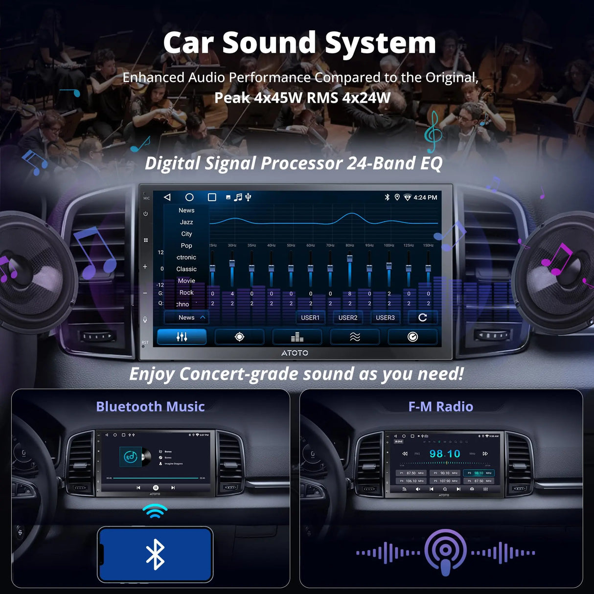 ATOTO A5LG2B7T Double DIN Car Stereo – 7" HD Touchscreen, Wireless CarPlay & Android Auto, Bluetooth, WiFi, Built-in GPS Navigation, 24B-EQ DSP Audio, 2GB RAM + 32GB TF Card, MirrorLink (Refurbished)