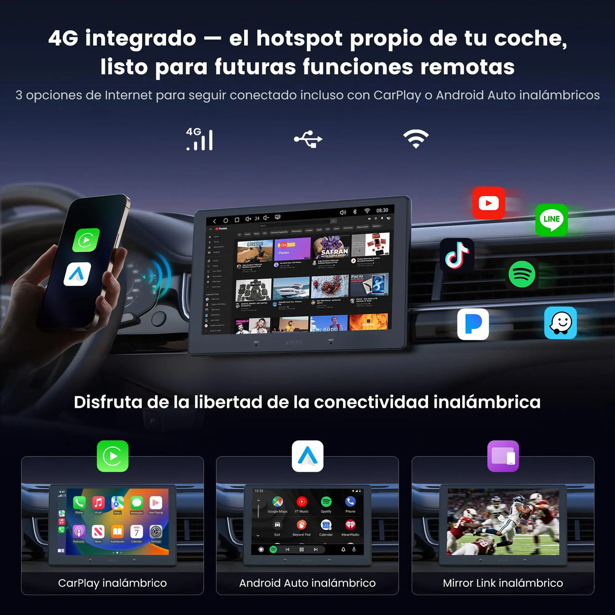 ATOTO S84G211P-S01 10.1 Pulgadas QLED Android Radio de Coche Doble DIN, CarPlay y Android Auto inalámbricos, 4G LTE, WiFi/USB-Tethering, Hi-Fi DSP con pre-Salida de 4V, con cámara de reversa, 4G+64G