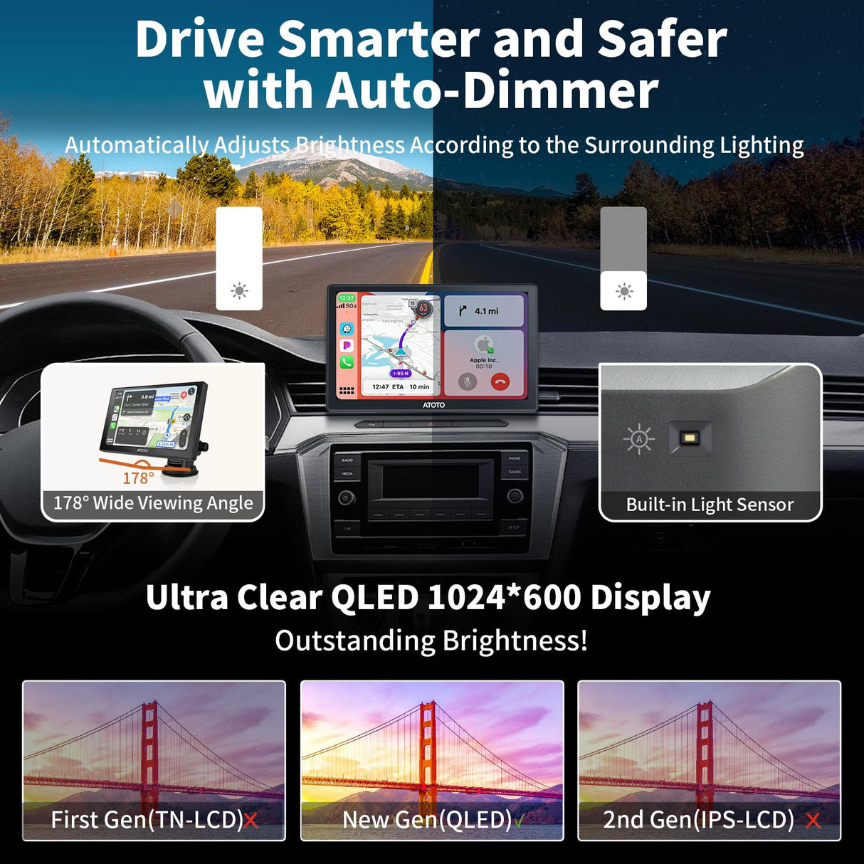 ATOTO P807PR Wireless CarPlay Screen for Car, 7 inch Portable Car Stereo with Android Auto, 1080P Dual Recording Cameras, Remote Control, WDR & Auto Dimmer, Support Up to 128G SD