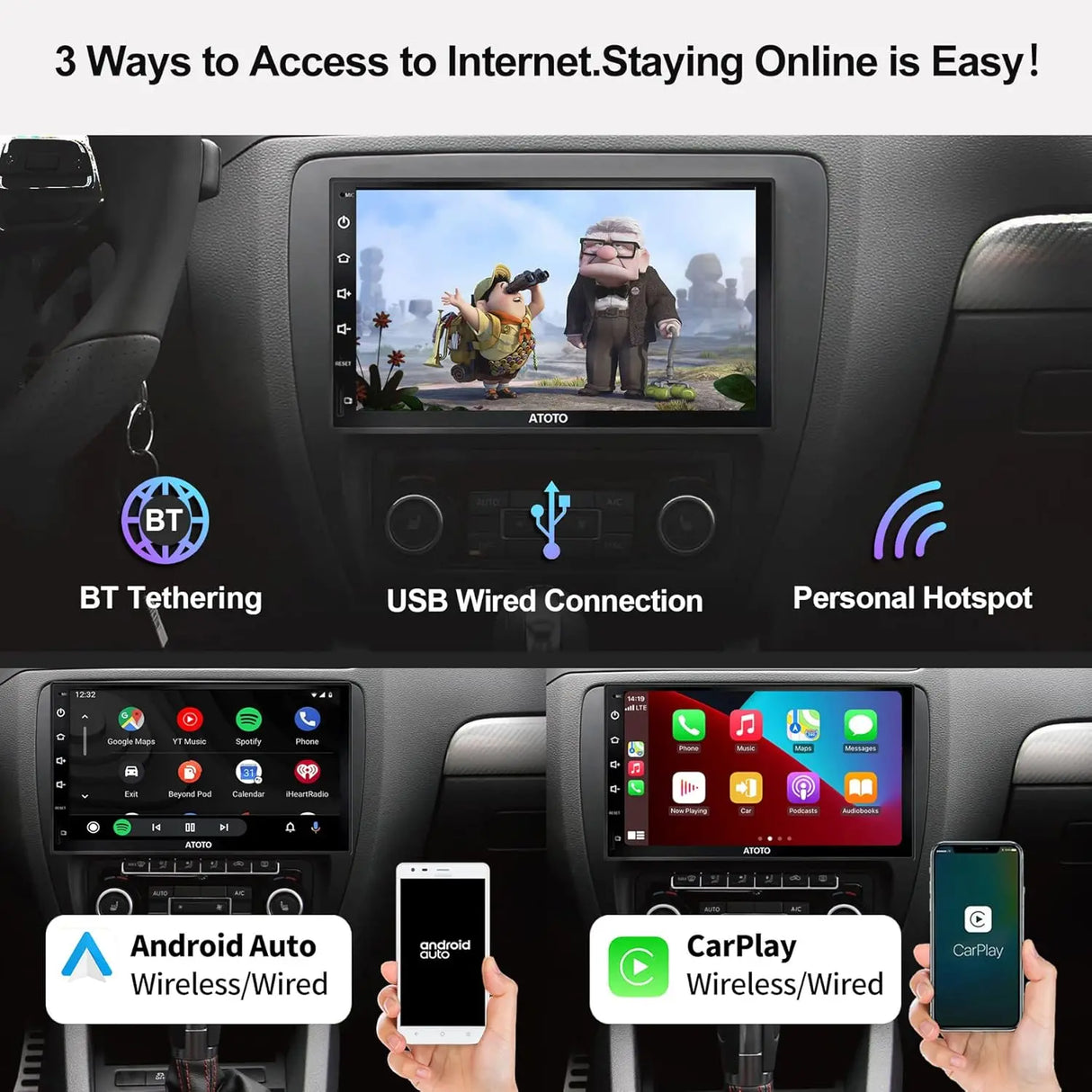 ATOTO S8G2B74PM 7" Double Din Car Stereo, QLED Touchscreen, Wireless CarPlay & Android Auto, Dual Bluetooth with aptX HD, Split-Screen Display, HD Rearview with Live Rear View, USB Tethering, SCVC & More