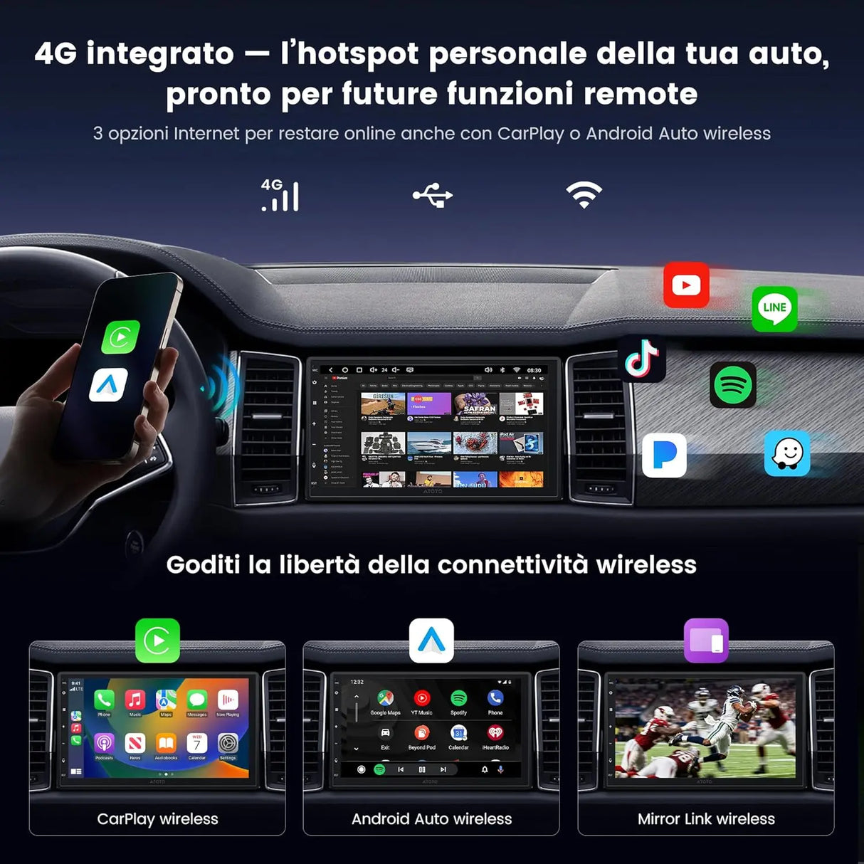 ATOTO A7G2B7PKL-S04 Autoradio 2 DIN Android 7" QLED, 4G LTE Integrato, Wireless CarPlay & Android Auto, DSP Hi-Fi con Uscita Ottica e 4V Pre-Out, SCVC, AI DriveChat, Tethering WiFi/USB, OBD2 Incluso