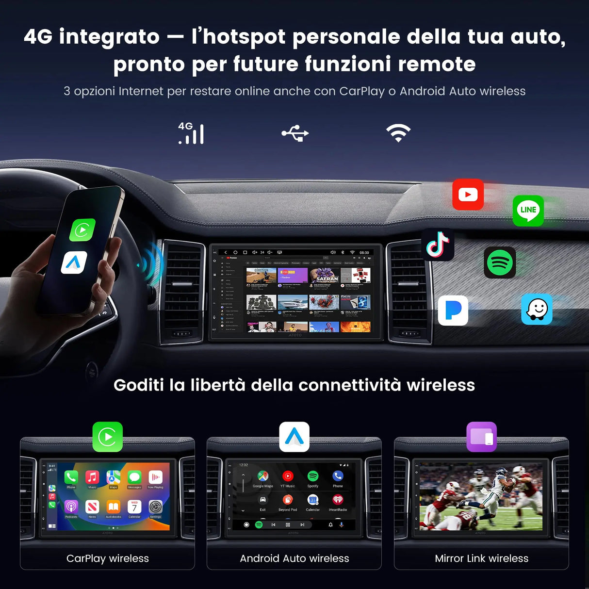 ATOTOEXCEL A7 7 Pollici Android Autoradio 2 Din, 4G LTE Integrato, Wireless CarPlay & Android Auto, Hi-Fi DSP/Uscita Ottica/4V Pre-Out, SCVC, AI DriveChat, Tethering WiFi/USB, [Scanner OBD2 Incluso]