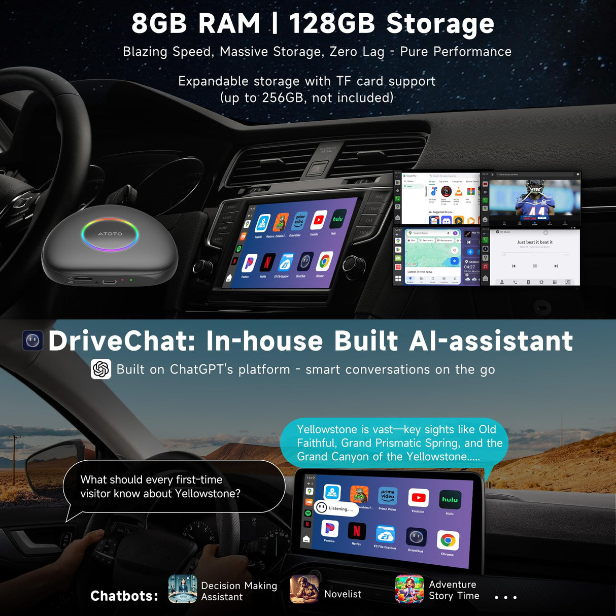 ATOTO CarWave CB6D wireless CarPlay adapter Magic Box CarPlay Video Box - Wireless CarPlay/Android Auto/Android 13 OS, 8GB+128GB, 4G LTE, WiFi, Dual Bluetooth, GPS, YouTube/Netflix Support, microSD, OTA, Black