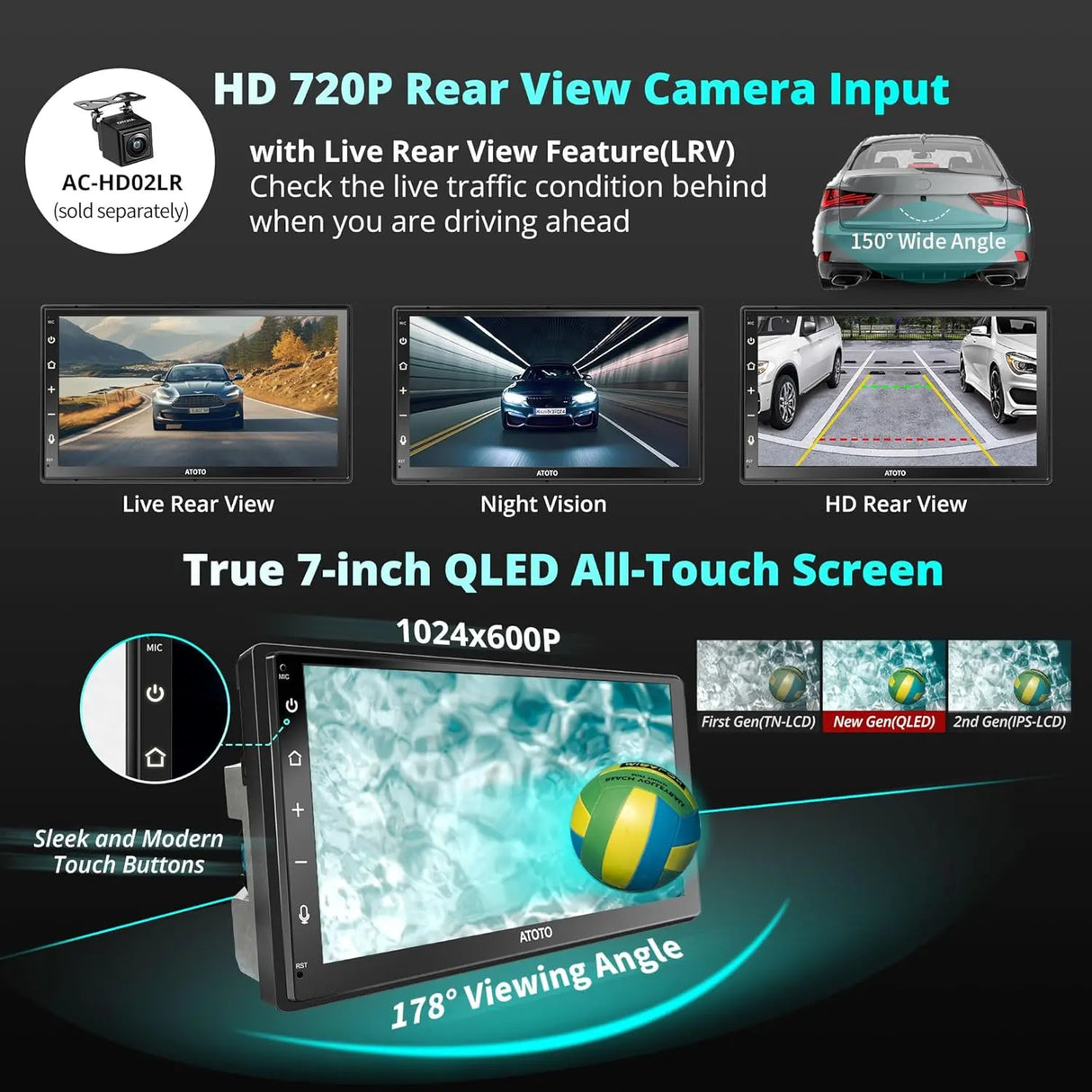 ATOTO A6G2B7PL 7" Double Din Car Stereo, QLED Display, 8-Core Android, 4G LTE WiFi, Wireless CarPlay & Android Auto, Dual Bluetooth, MirrorLink, DSP, HDMI Output, FM Radio, In-Dash Navigation, 4G+64G