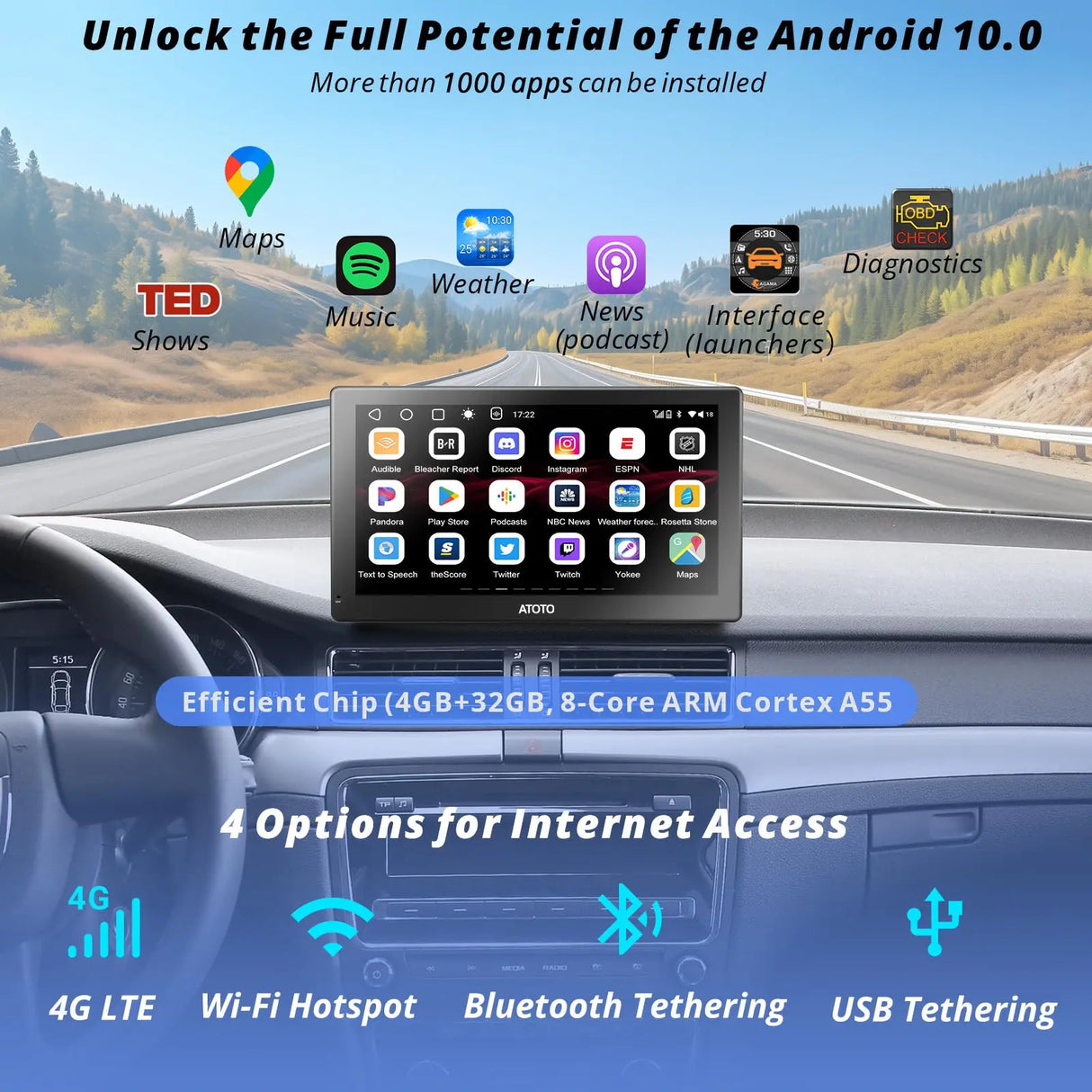 ATOTO 9" Sat Nav with 1080P Dashcam & Backup Camera, QLED Touchscreen, Wireless CarPlay & Android Auto, 4+32G, 4G LTE, GPS Navigation, WiFi, Dual Bluetooth, USB & Steering Wheel Control