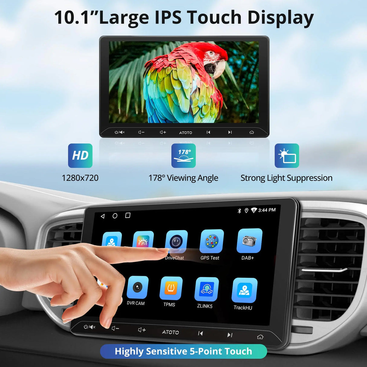 ATOTOA5LG211T-S04 10.1 inch Android Double DIN Car Stereo, Wireless CarPlay/Android Auto, 1280x720 IPS Touchscreen, 2G+32G, WiFi/BT/USB Tethering, AI Chat, DSP 24-Band EQ, OBD2 Scanner, FM/AM/LRV