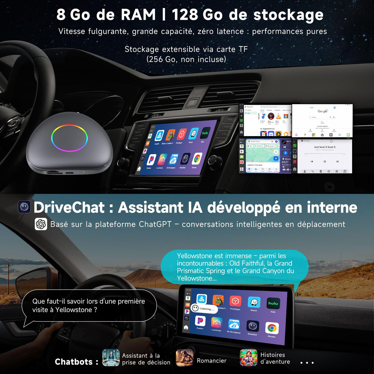 ATOTO boîtier CarPlay IA CB6 – Dongle WIFI con Mini OBD II, Android Auto y CarPlay inalámbrico, 8GB+128GB, Streaming para coche con 4G, Wi-Fi, Doble Bluetooth, USB, GPS integrado, Asistente IA, microSD, OTA