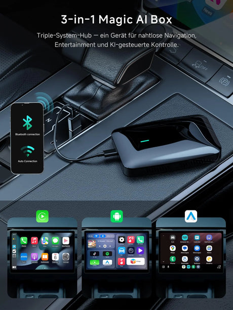 ATOTO CB4B Wireless CarPlay Adapter – Dual WLAN, Dual Bluetooth, 128GB TF-Karte, 4GB+32GB, Plug &amp; Play Android AI Box mit KI-DriveChat, Netflix/YouTube, Schwarz 