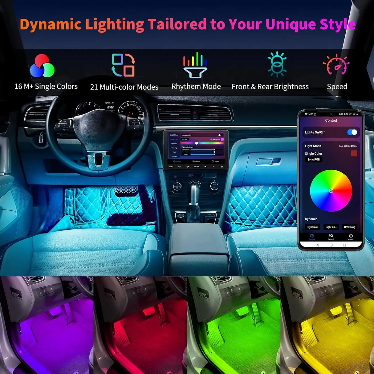 ATOTO CI-FLT01 Smart Car LED Lights - App Controlled RGB Interior Lighting, 160 LEDs, 16M Colors, 21 Music Modes, Front/Rear Independent Control