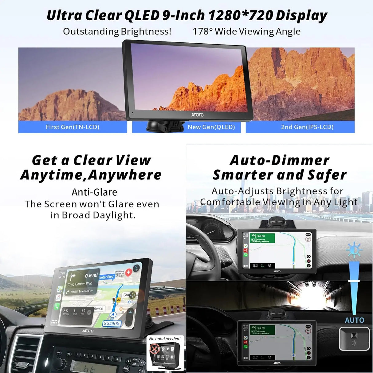 ATOTO 9" Sat Nav, QLED Touchscreen, Wireless CarPlay & Android Auto, 4+32G, 4G LTE, GPS Navigation, WiFi, Dual Bluetooth, Auto-Dimmer, Steering Wheel Control, AUX, USB & Microphone