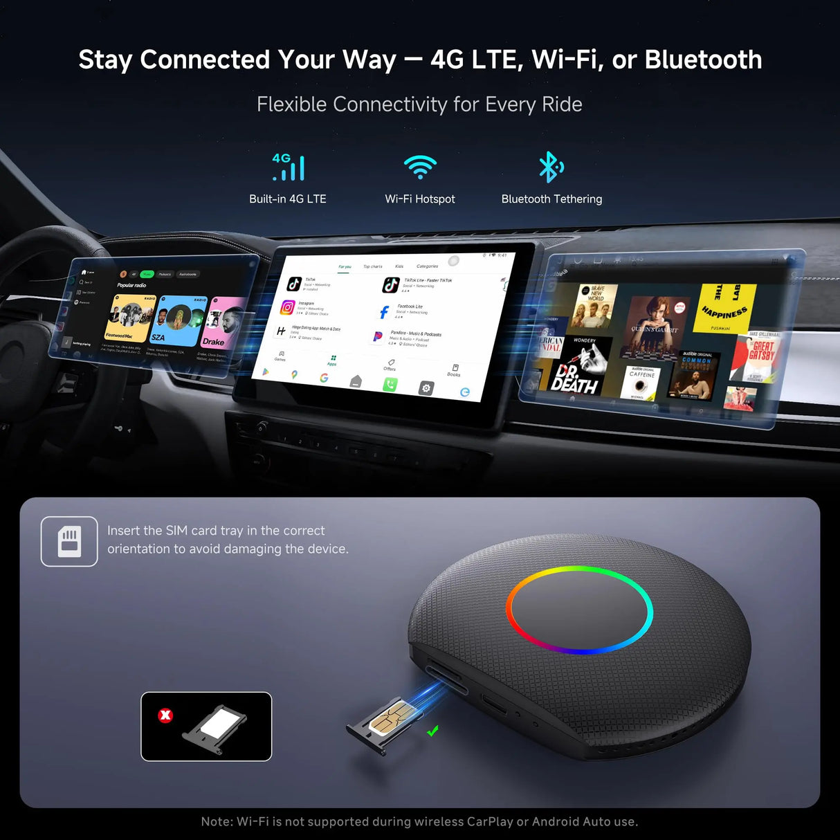ATOTO CB6 Wireless CarPlay Adapter, 8G+128G, AI Box with AI DriveChat, GPS Tracking, Dual Bluetooth, 4G LTE (Black)