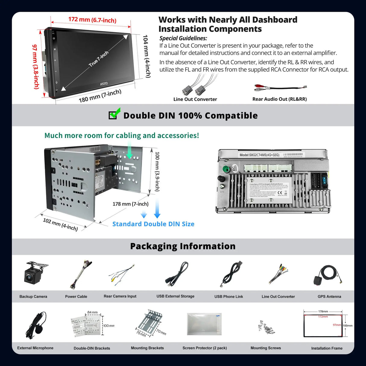 ATOTO A6G2C7PF 7" Double Din Car Stereo with Backup Camera, 8-Core Android Head Unit, Fully Laminated Screen, Wireless CarPlay & Android Auto, ChatGPT, GPS Navigation, LRV, WiFi/BT/USB