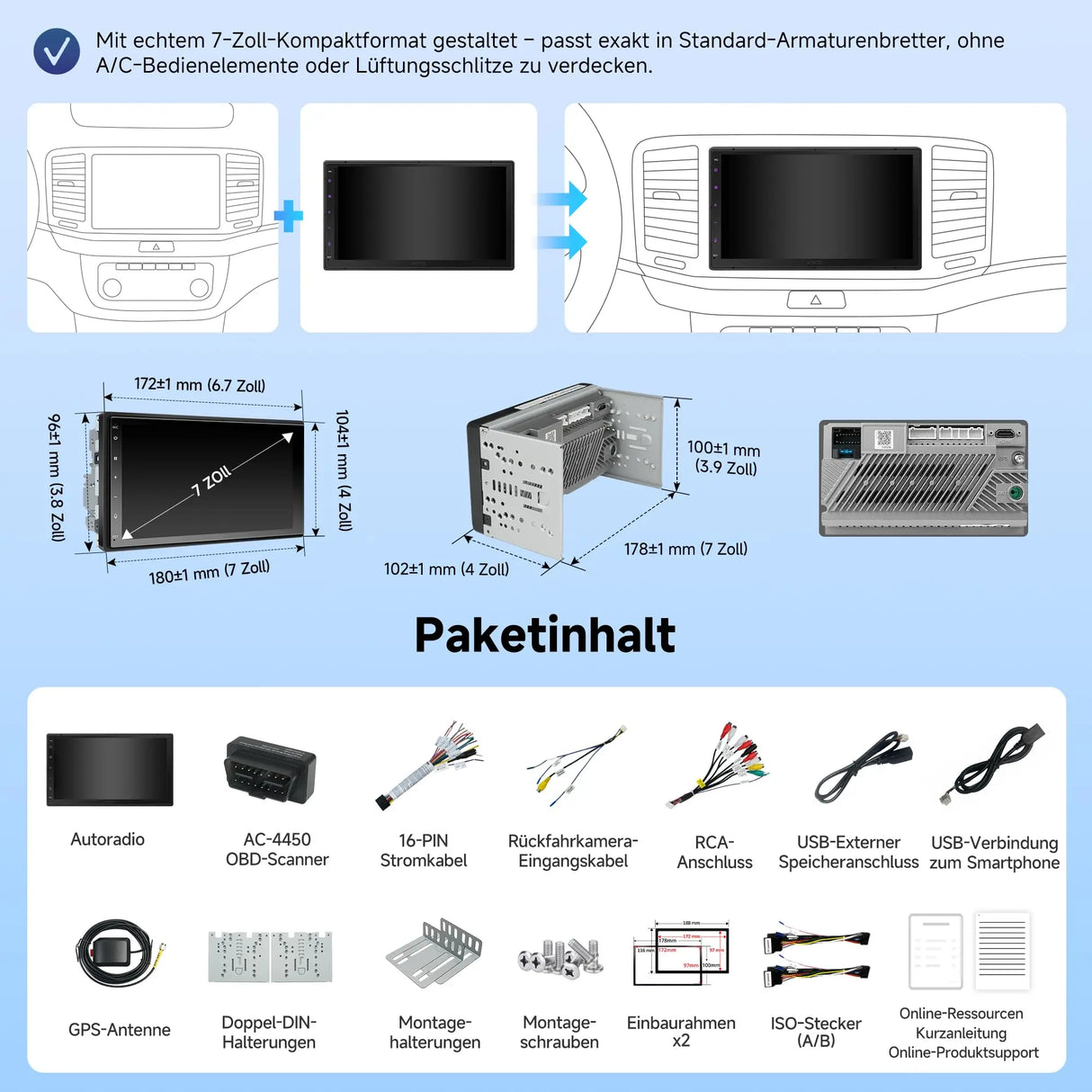 ATOTO A5LG2B7T 7" Android Doppel Din Radio mit Wireless CarPlay & Android Auto, OBD2 Bluetooth Diagnose, WiFi/BT/USB, 24-B EQ DSP, FM/AM/RDS, 2G+32G