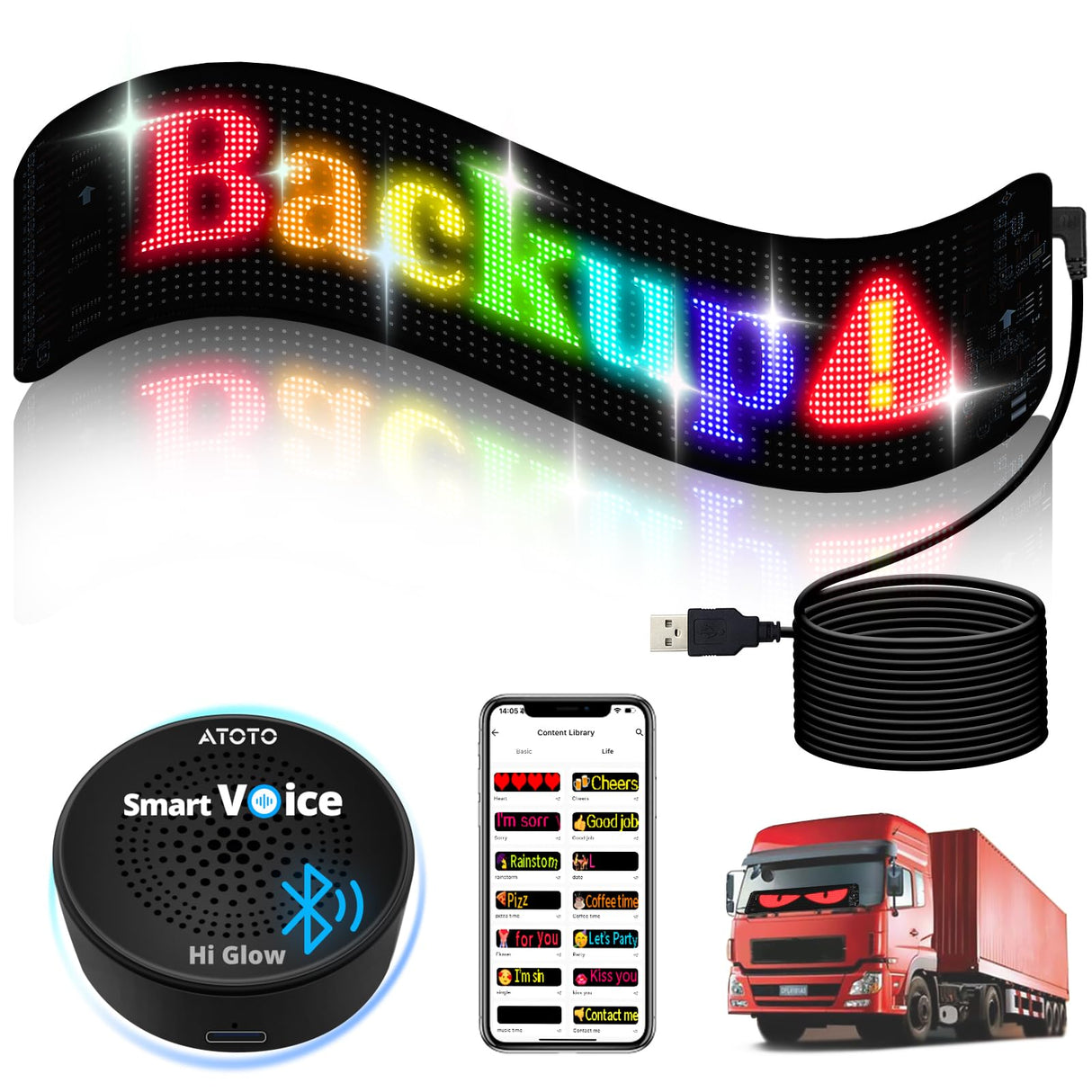 Programmable LED Sign with AI-Voice Control, ATOTOEXCEL Scrolling Huge Bright LED Signs for Car, USB 5V Bluetooth APP Control Custom Text Pattern GIFS Animation Programmable Display, 19.4''x 4.3'