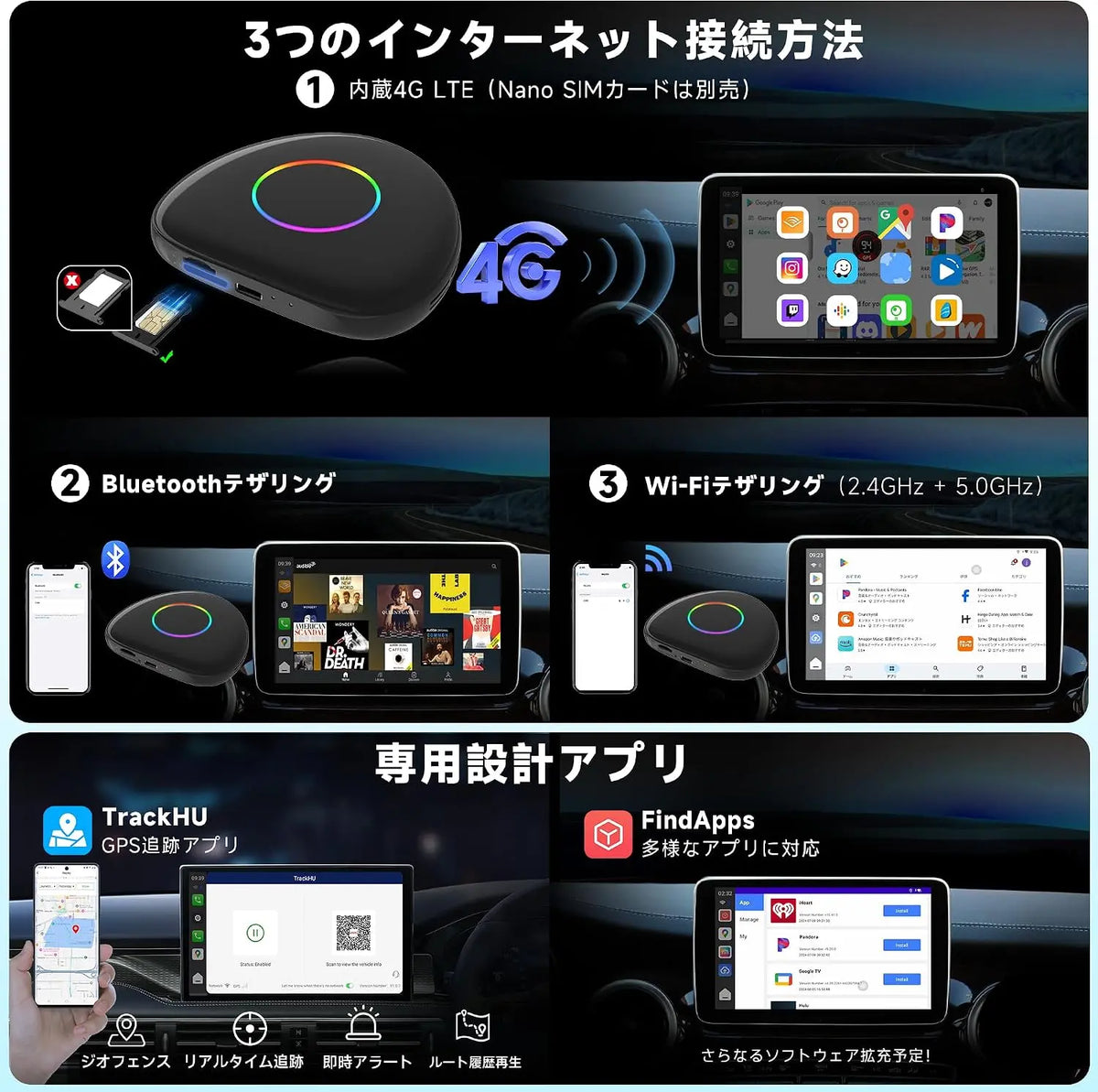AI Box、ワイヤレス CarPlay/Android Auto、4G LTE AIボックス、Android 13 OS 8+128GB 内蔵GPS
