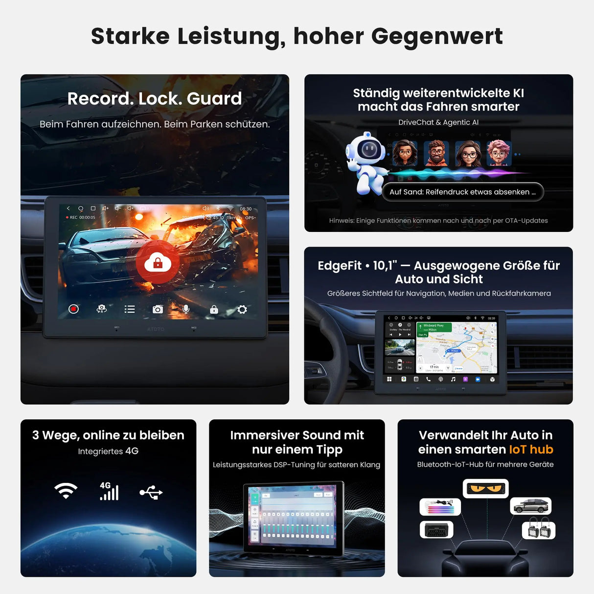 ATOTO S84G211P-S01 10.1 Zoll QLED Android Doppel-DIN Autoradio, kabelloses CarPlay und Android Auto, 4G LTE, WiFi/USB-Tethering, Hi-Fi DSP mit 4V Vorverstärkerausgang, mit Rückfahrkamera, 4G+64G