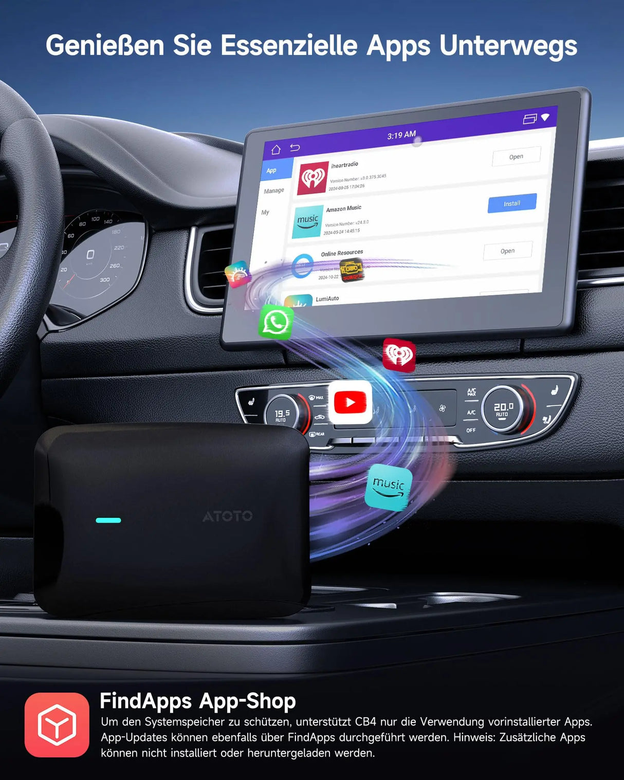 ATOTO CB4B Wireless CarPlay Adapter – Dual WLAN, Dual Bluetooth, 128GB TF-Karte, 4GB+32GB, Plug &amp; Play Android AI Box mit KI-DriveChat, Netflix/YouTube, Schwarz 