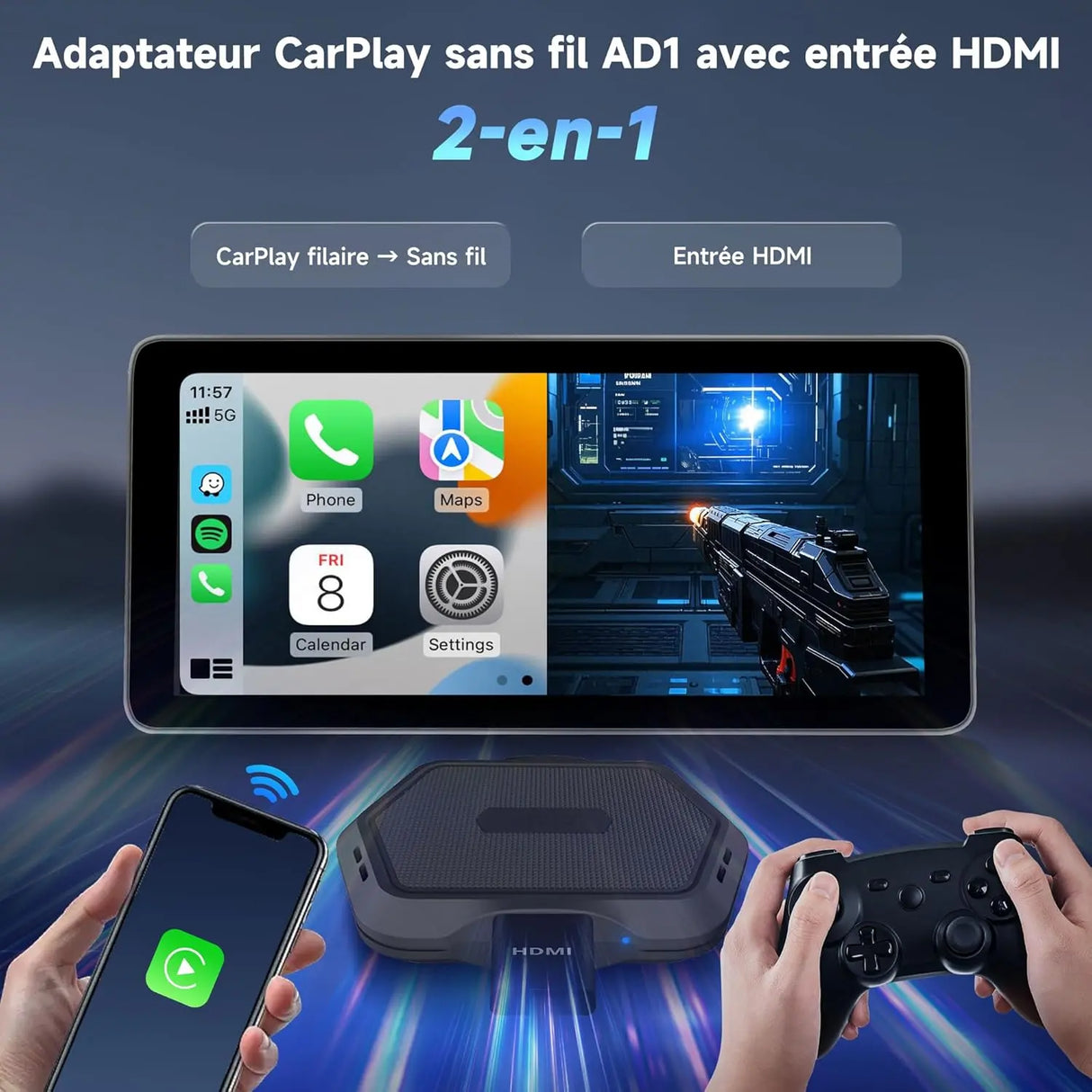 ATOTO AD1-BK Wireless CarPlay Adapter for iPhone - Convert Wired to Wireless CarPlay, Plug & Play, HDMI Hub for TV/DVD, OTA Updates