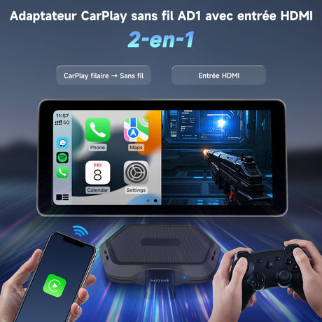 ATOTO AD1 ワイヤレスCarPlayボックスアダプター HDMI入力対応 2in1ドングル 有線CarPlay対応 プラグ＆プレイ マルチメディアハブ TV/ゲーム機/DVD/ブルーレイ Bluetooth 5.2 OTA ブラック