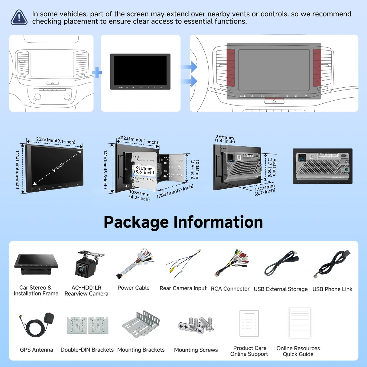 ATOTOZONE 9-Inch Android Double-DIN Car Stereo, Wireless CarPlay&Android Auto Car Radio with GPS Tracking, WiFi/Bluetooth/USB, 24B EQ&DSP, FM/AM/RDS, HD Backup Camera with LRV, A5LG209T-S01