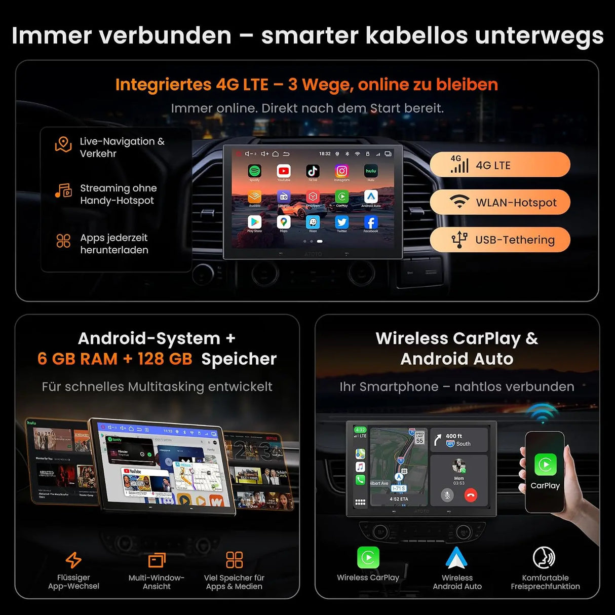 ATOTO V10G110OC 10,1 Zoll Android Autoradio 1DIN & 2DIN, 6GB+128GB, Wireless CarPlay & Android Auto, 4G LTE/WiFi, GPS Navi, Bluetooth 5.4 aptX HD, DSP 32B-EQ, 4-Kanal-DVR, Karaoke im Auto, AI-Assistent