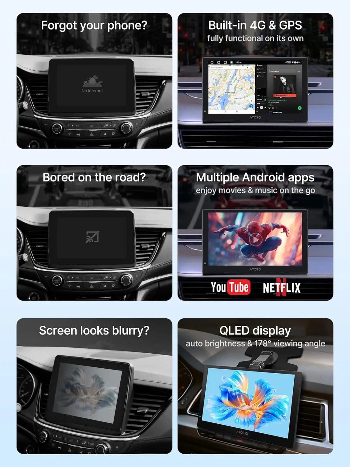 ATOTO P909PR1N-S3 9" QLED Portable Car Display – Dash Cam DVR & AHD Rear Camera Ready, Wireless CarPlay & Android Auto, Full Android, 4G LTE, Dual BT, AI Voice