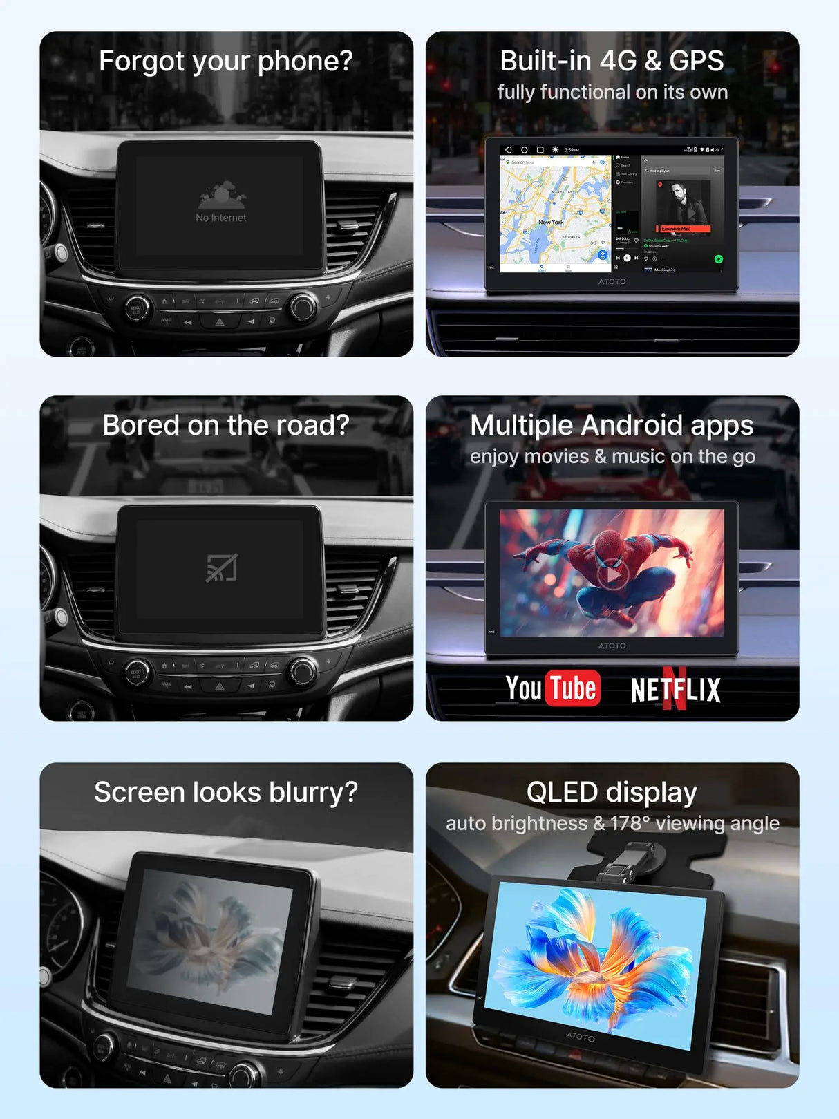 ATOTO P909PR1N-S2 9" QLED Portable Android CarPlay Screen, Wireless CarPlay & Android Auto, Backup Camera, Netflix/YouTube, AI, GPS, Dual BT, MirrorLink, 4G LTE