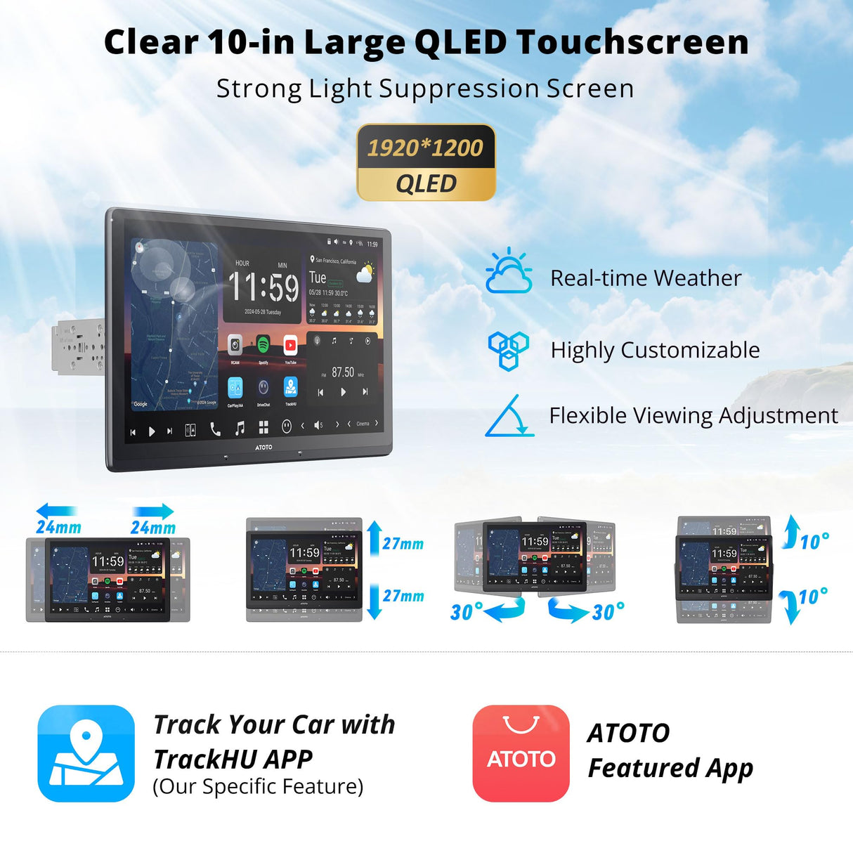ATOTO X10G129E 12,9" 1 DIN Autoradio mit QLED Floating Display, 8+128GB, In-Dash Navigation, 4G LTE, Kabelloses CarPlay &amp; Android Auto, Dual-Phone Verbindung, Dual Bluetooth, GPS-Tracking, SCVC und AI Sprachassistent 