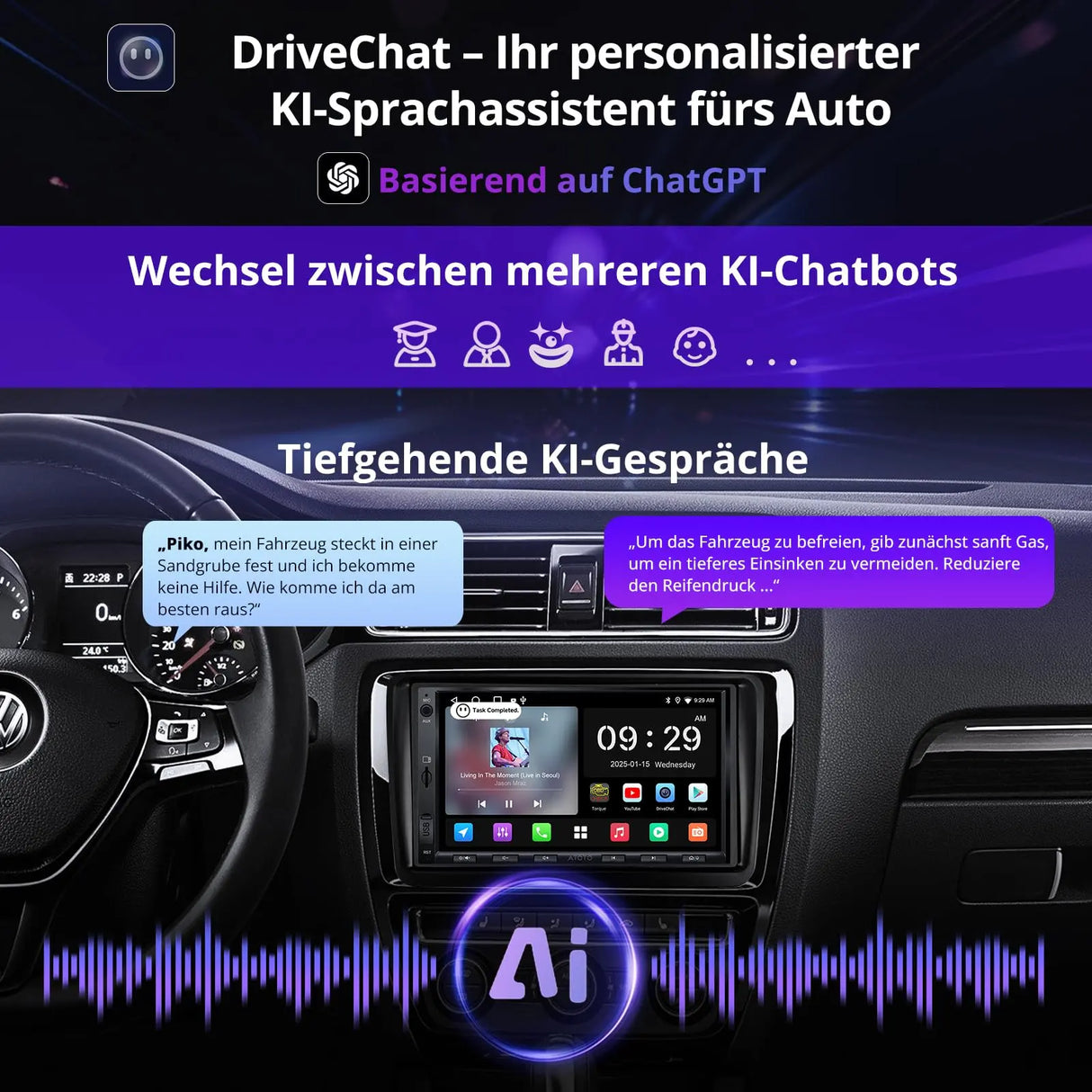 ATOTO A5LVWA7T 7" 2 DIN Autoradio Android mit Navi, kompatibel mit VW/Golf/Polo/Tiguan, Wireless CarPlay &amp; Android Auto, WiFi/BT/USB, 2G+32G, MirrorLink, DSP, FM/AUX/TF