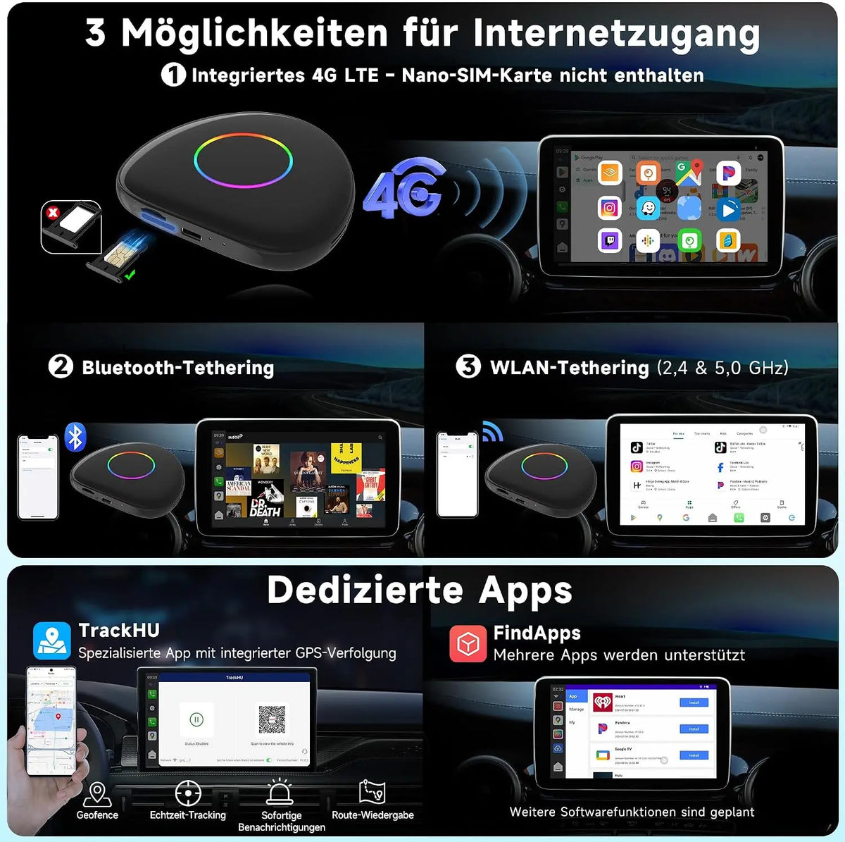 ATOTO CB6 Android Auto Wireless Adapter – CarPlay IA Box, 8GB+128GB Auto-Streaming-Box mit 4G, Dual Bluetooth, USB, integriertem GPS, KI-Assistent, microSD-Erweiterung, OTA