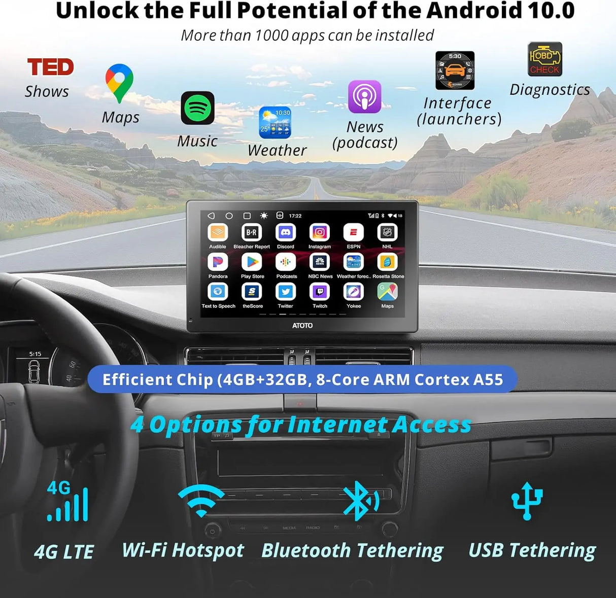 ATOTO 9" GPS Per Auto – Telecamera Retrovisiva HD 1080P, QLED Android Autoradio Portatile, 4G+32G, CarPlay e Android Auto Senza Fili, 4G LTE, 2 Bluetooth, HDMI Supportato, Tracciamento GPS