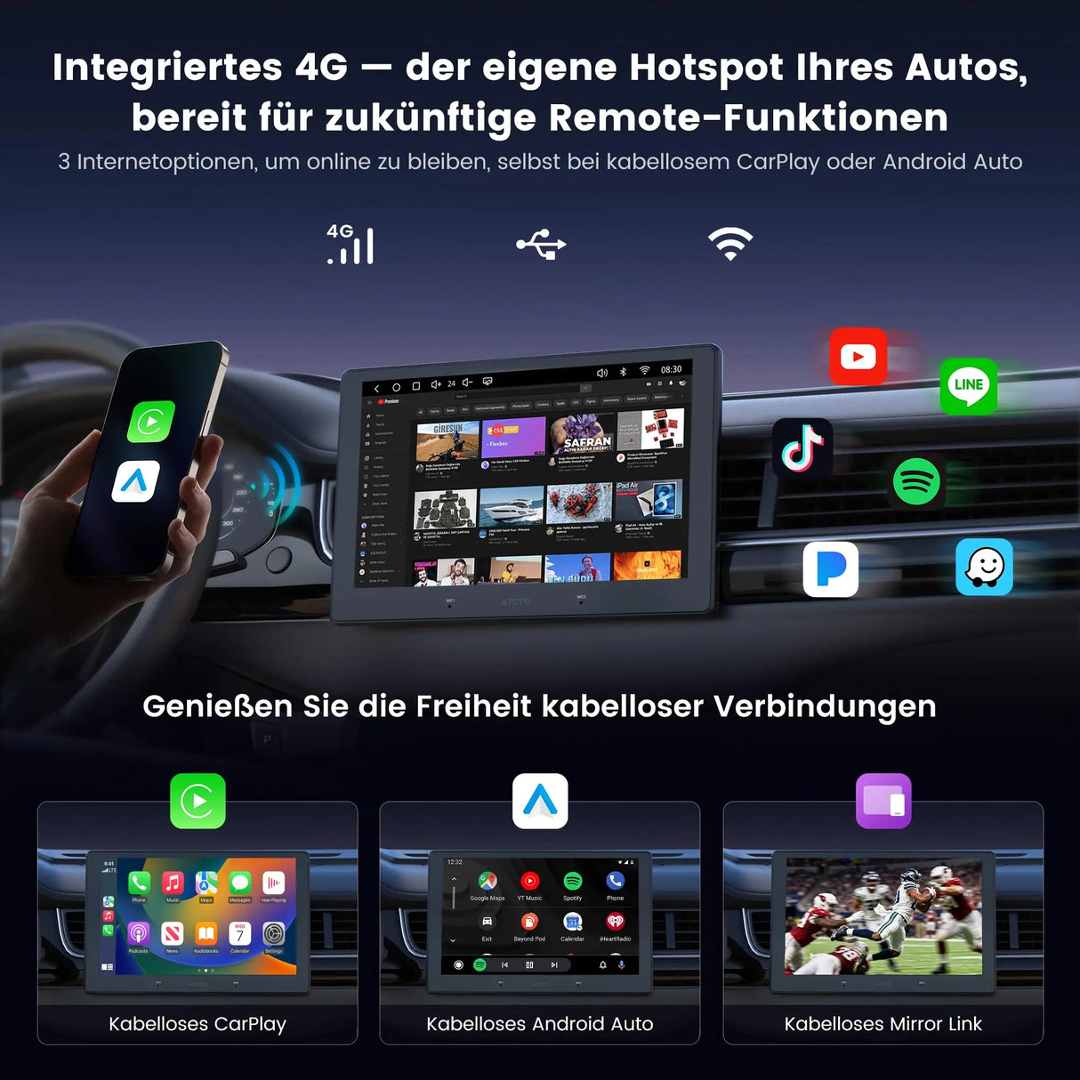 ATOTO A7G211PKL 12,95" QLED 2 DIN Radio Android, 8G+128G, 4G LTE Integrado, Wireless CarPlay & Android Auto, DSP, Navegador GPS, WiFi/BT, Entrada de Cámara 1080P