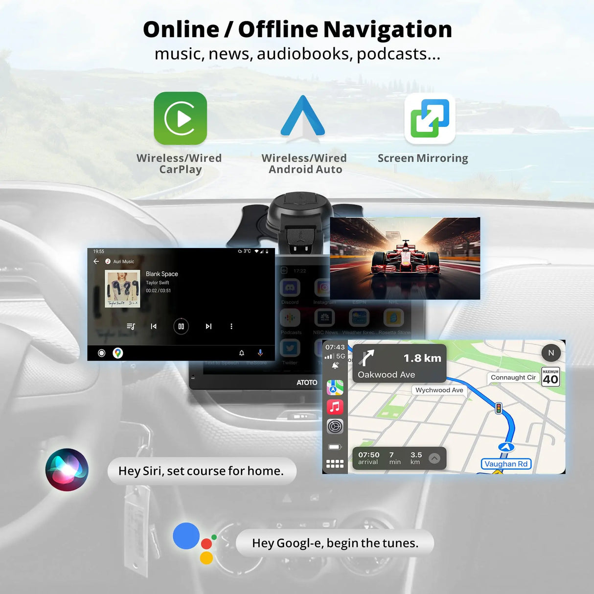 ATOTO 9" Portable Car Stereo with QLED Touchscreen, Wireless/Wired CarPlay & Android Auto, 2GB+32GB, ChatGPT AI, Fast Boot, 1280x720p Display